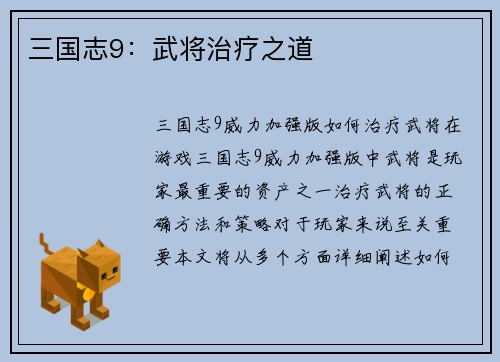 三国志9：武将治疗之道
